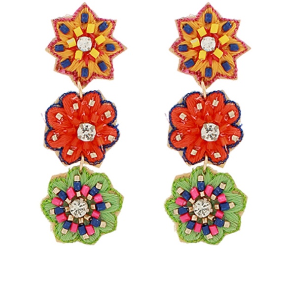 Embroidered Flower 3 Drop Earrings - Picture 3 of 3
